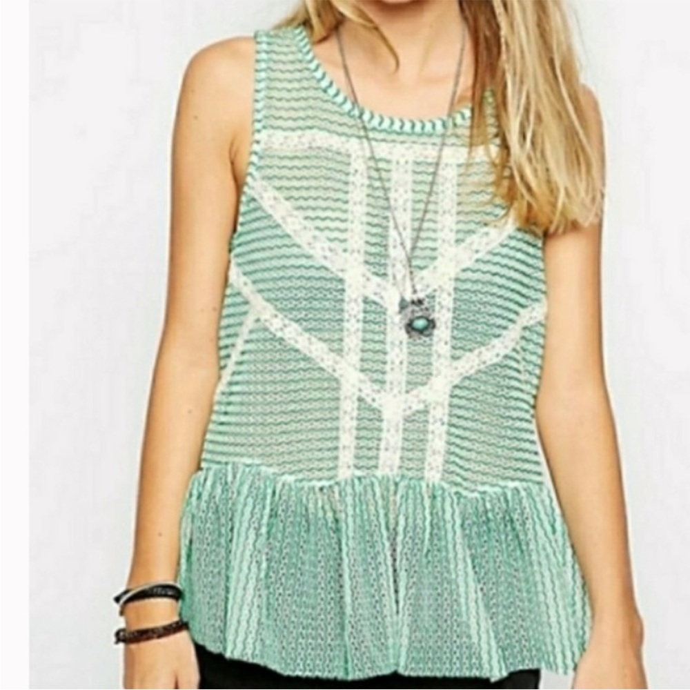 Free People SIZE Small Knit Lace Trim Sheer Peplum Top Green Beige.